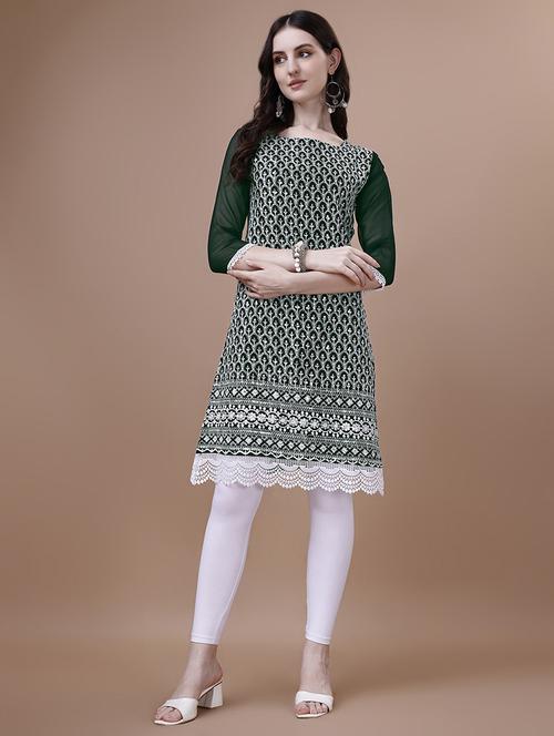 green three quarter sleeve straight kurta - 20418838 - Standard Image - 0