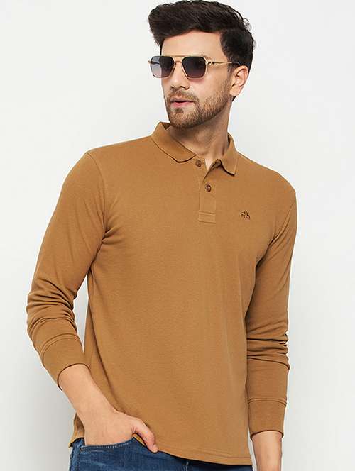 men khaki slim fit solid long sleeves polo t-shirt - 20418916 -  Standard Image - 0