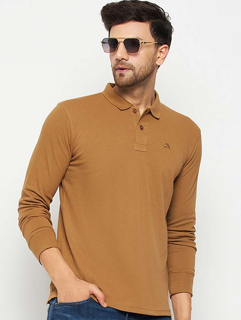 men khaki slim fit solid long sleeves polo t-shirt - 20418916 -  Zoom Image - 0