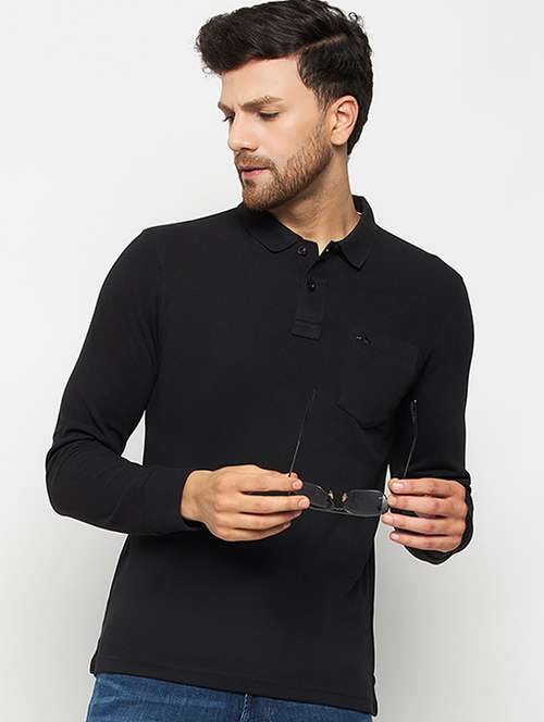 men black solid long sleeve slim fit polo t-shirt - 20418920 -  Standard Image - 0