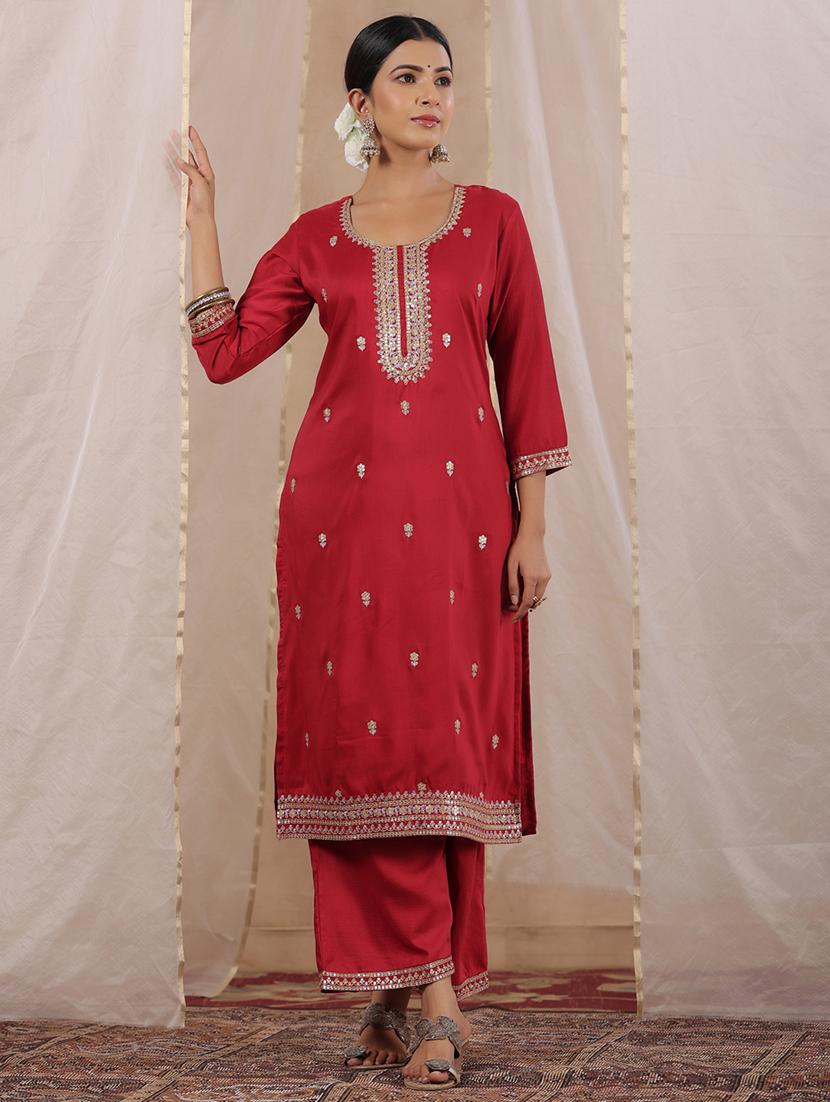 women red round neck straight kurta