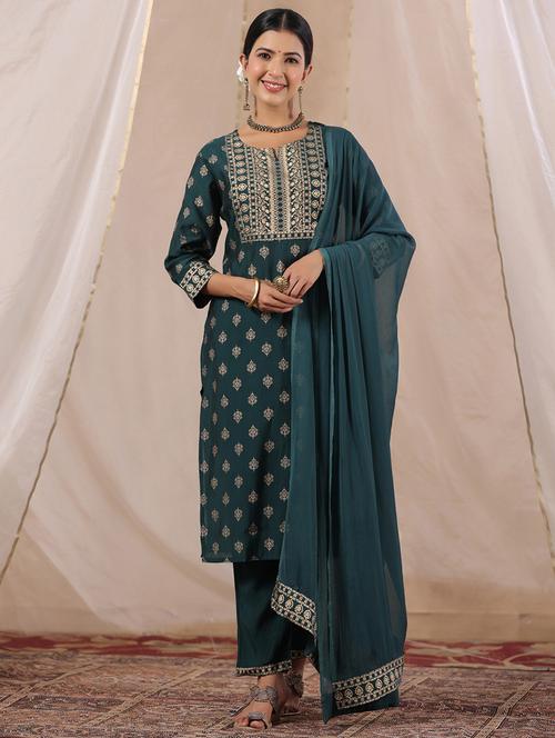 teal three quarter sleeve kurta pant set - 20419093 -  Standard Image - 0