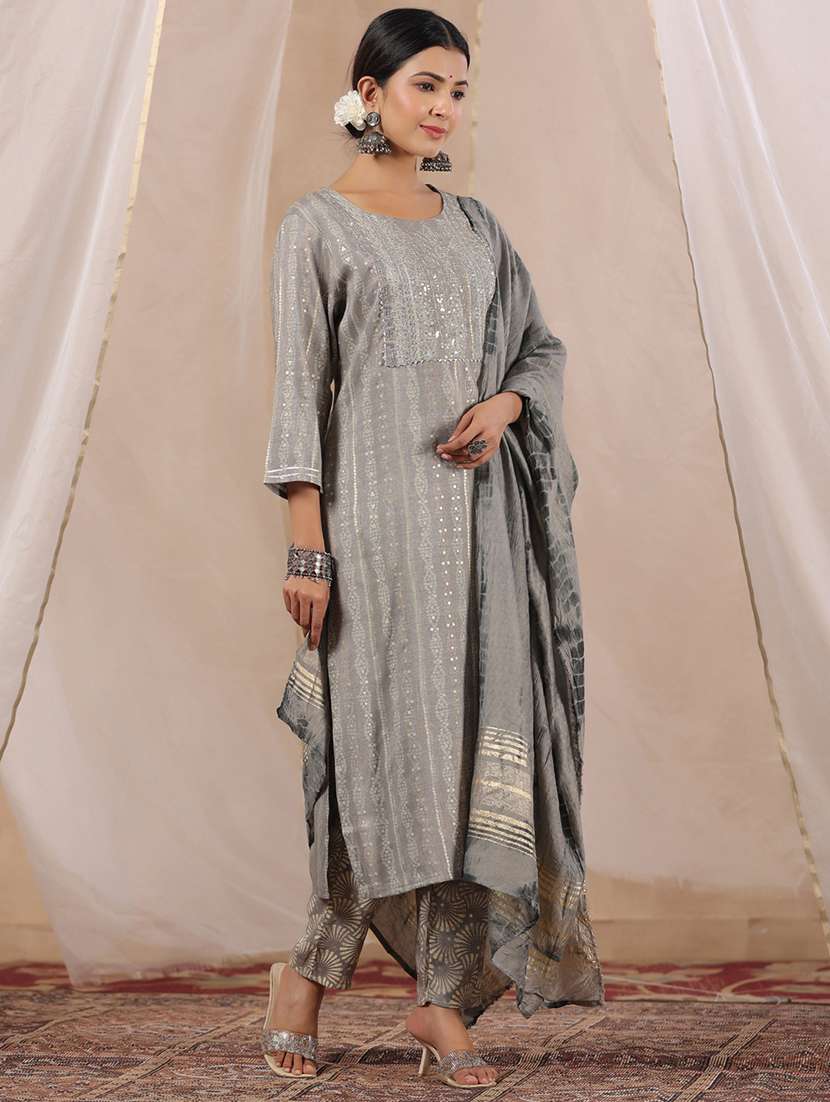 grey three quarter sleeve kurta pant set - 20419105 - Standard Image - 1