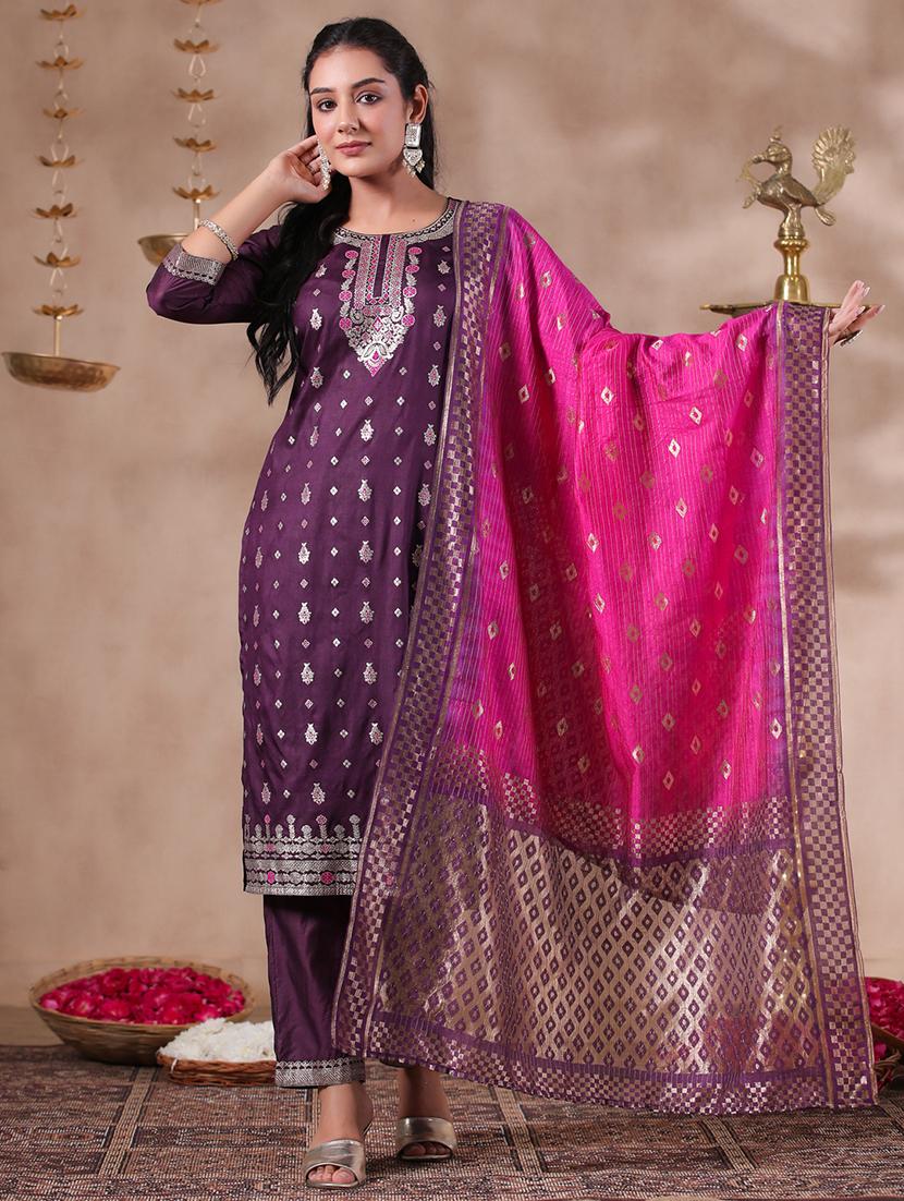 women three quarter sleeve kurta pant with dupatta set