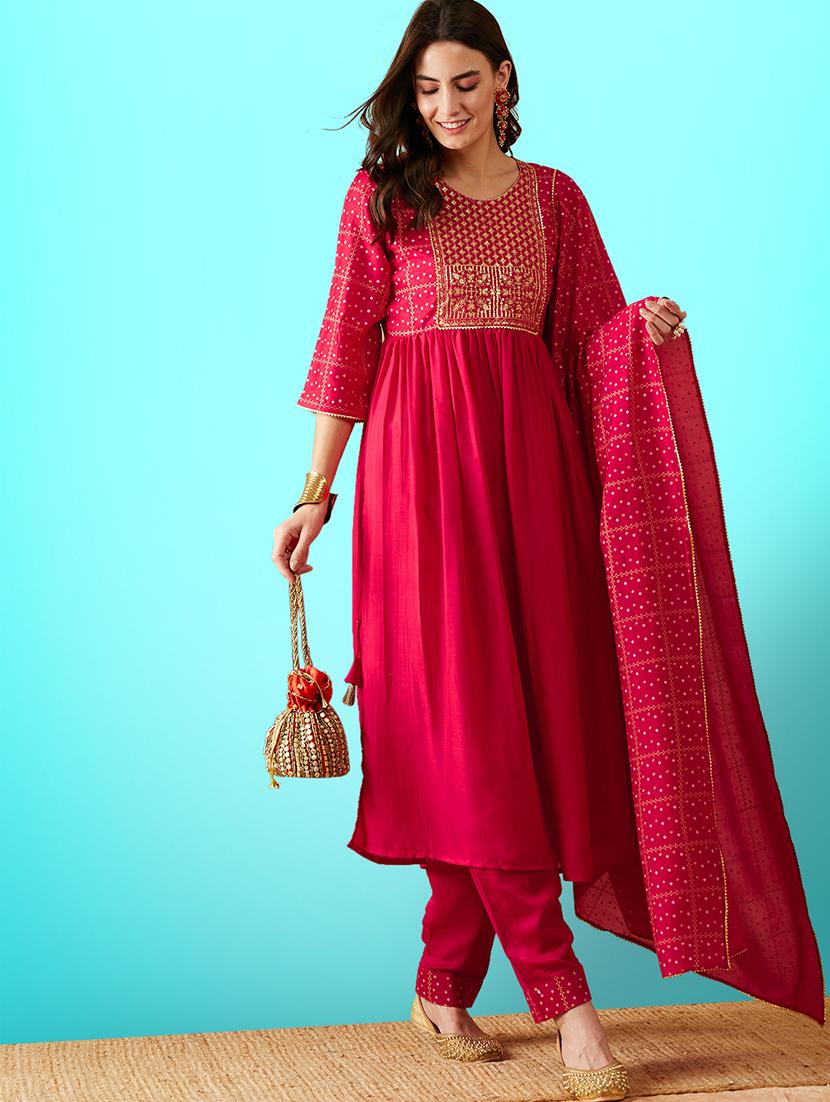 women pink round neck kurta pant set with dupatta