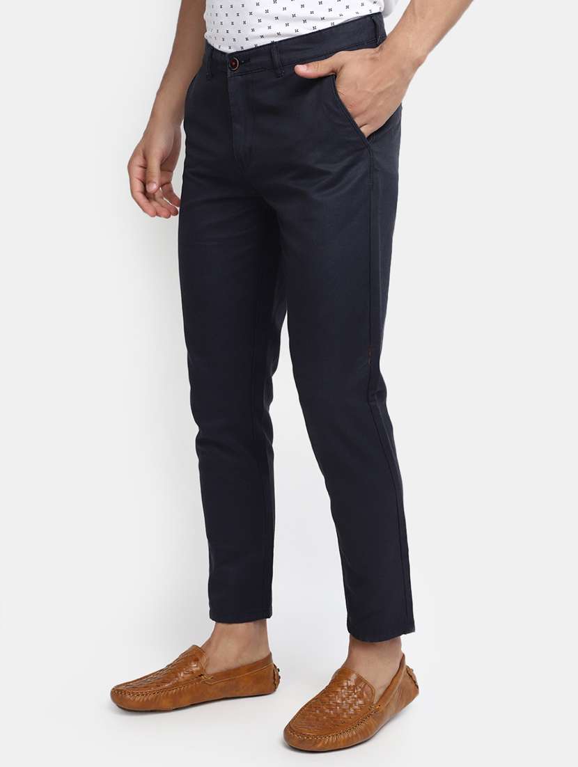 men solid navy blue cotton chinos slim fit casual trouser - 20420152 -  Standard Image - 1