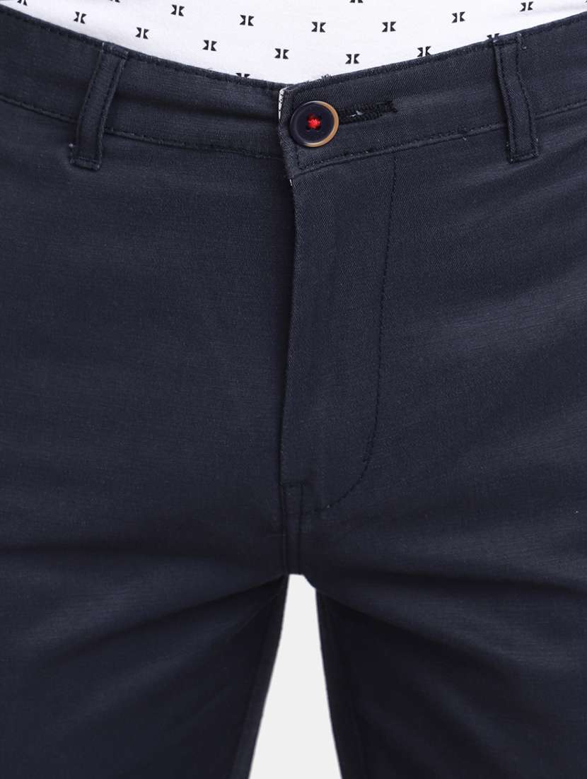 men solid navy blue cotton chinos slim fit casual trouser - 20420152 -  Standard Image - 4