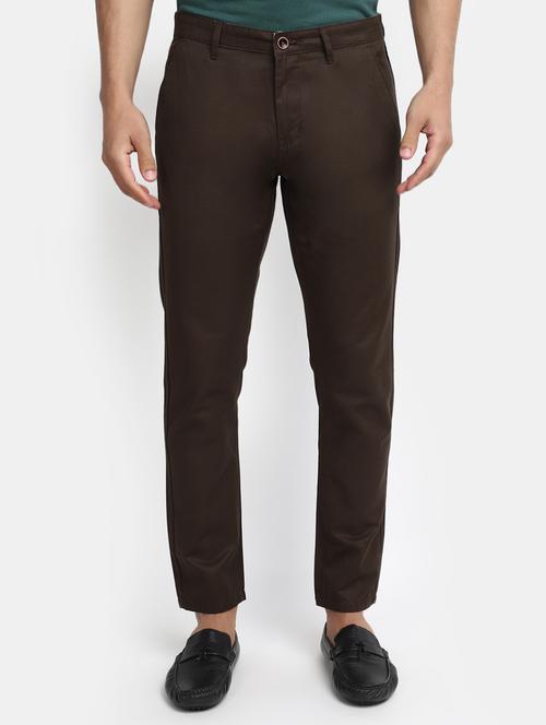 men solid brown cotton chinos slim fit casual trouser - 20420154 - Standard Image - 0