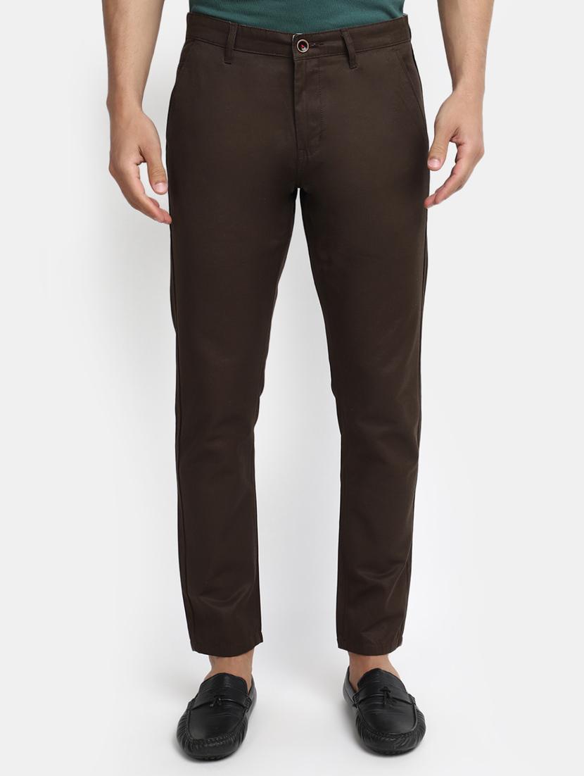 men solid brown cotton chinos slim fit casual trouser