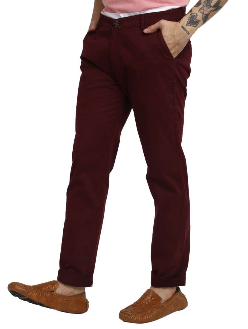men solid maroon cotton chinos casual trouser - 20420162 -  Standard Image - 1