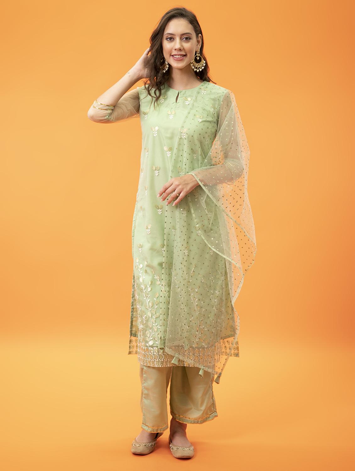 women green key hole neck kurta palazzo set with dupatta - 20420832 - Standard Image - 1
