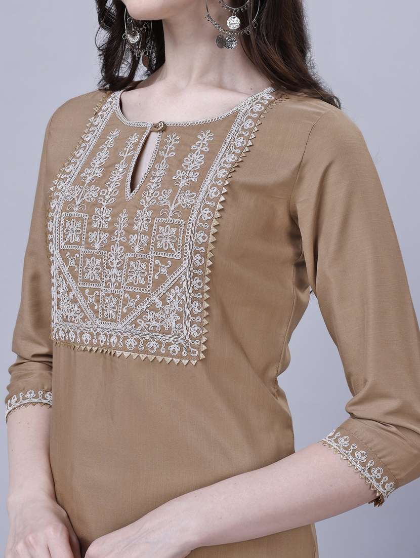 women brown key hole neck kurta pant set - 20420844 -  Standard Image - 4