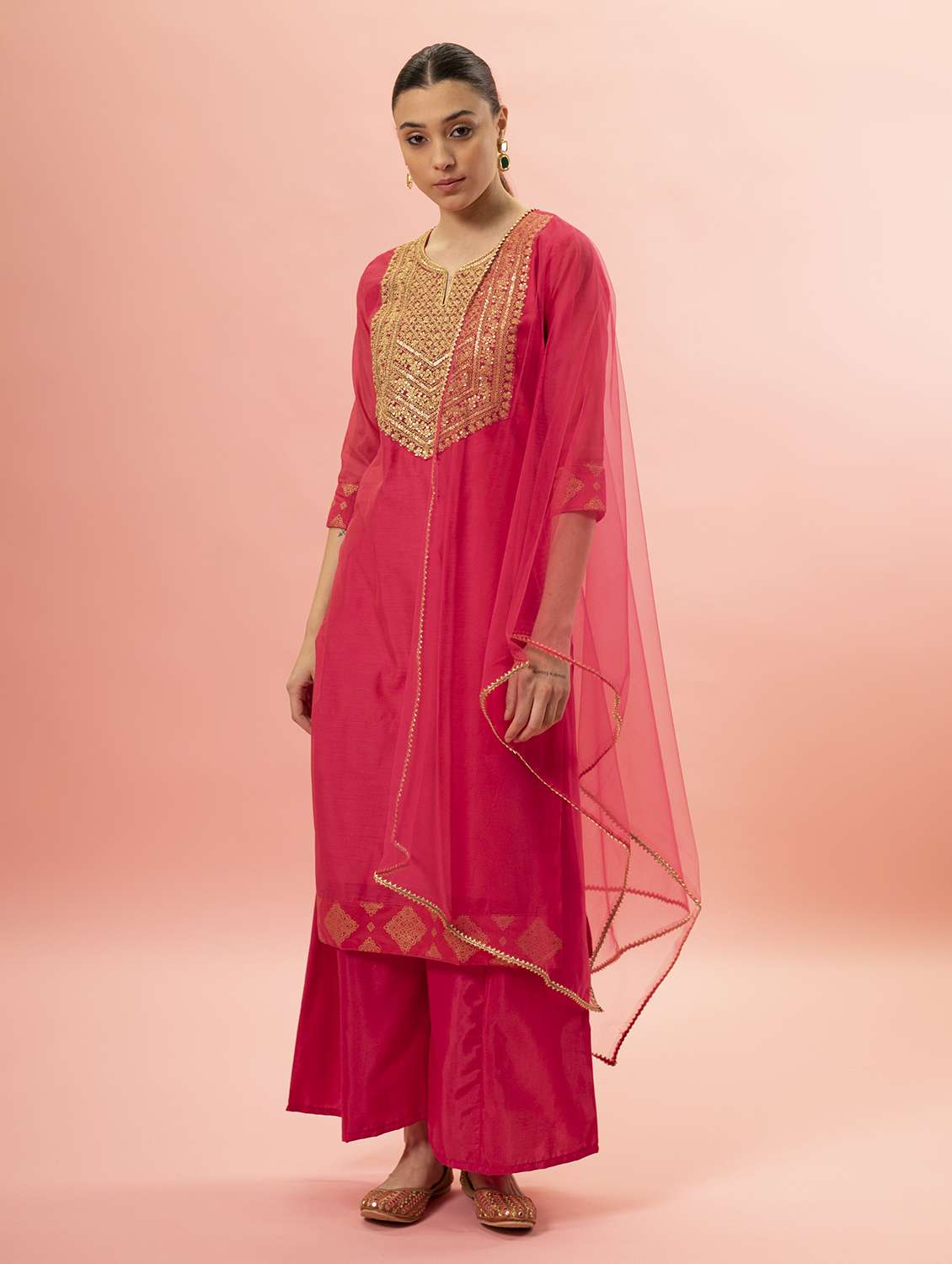 women pink notch neck kurta palazzo set with dupatta - 20420862 -  Standard Image - 1