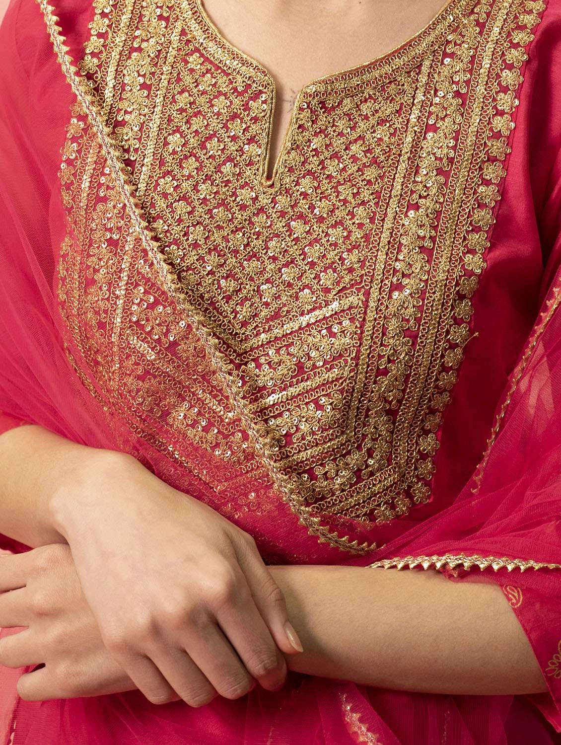 women pink notch neck kurta palazzo set with dupatta - 20420862 -  Standard Image - 6