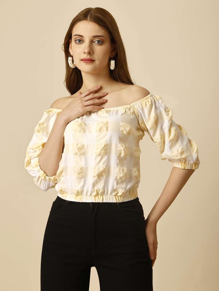 yellow & white checkered crop top - 20420894 -  Standard Image - 1