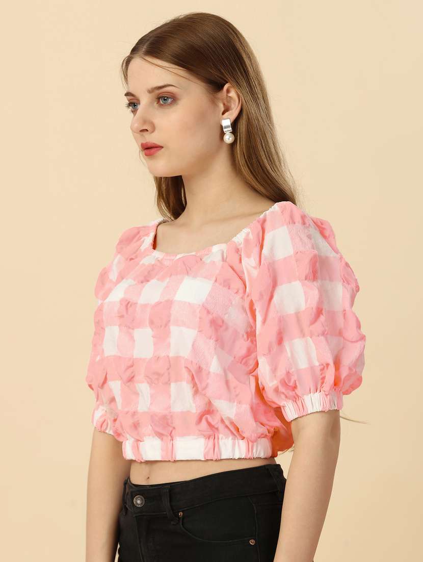 peach & white checkered crop top - 20420895 -  Standard Image - 1