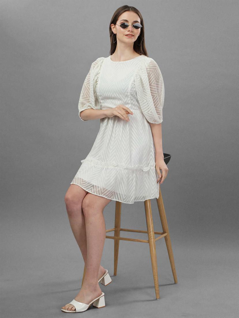 optic white self design fit & flare dress - 20420904 - Standard Image - 1