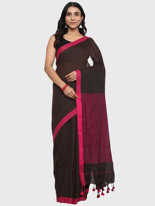 women solid handloom saree with blouse - 20421375 - Standard Image - 0