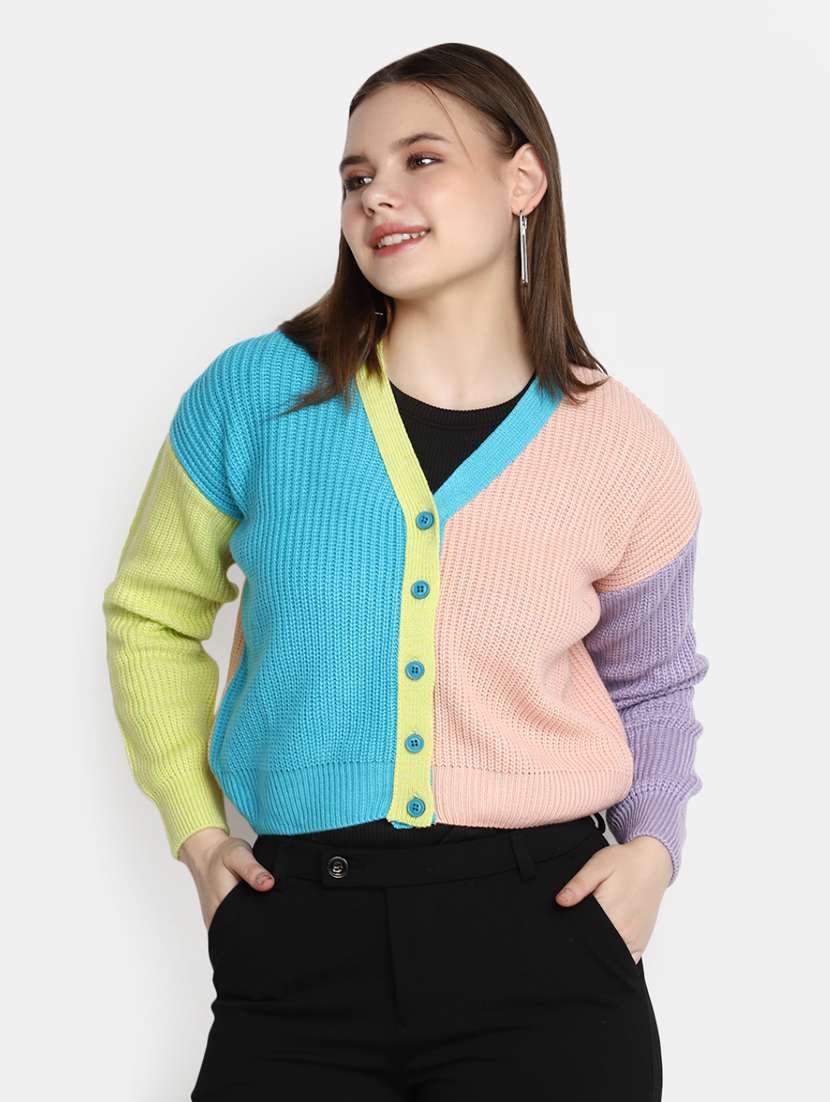 women's color blocked acrylic cardigan