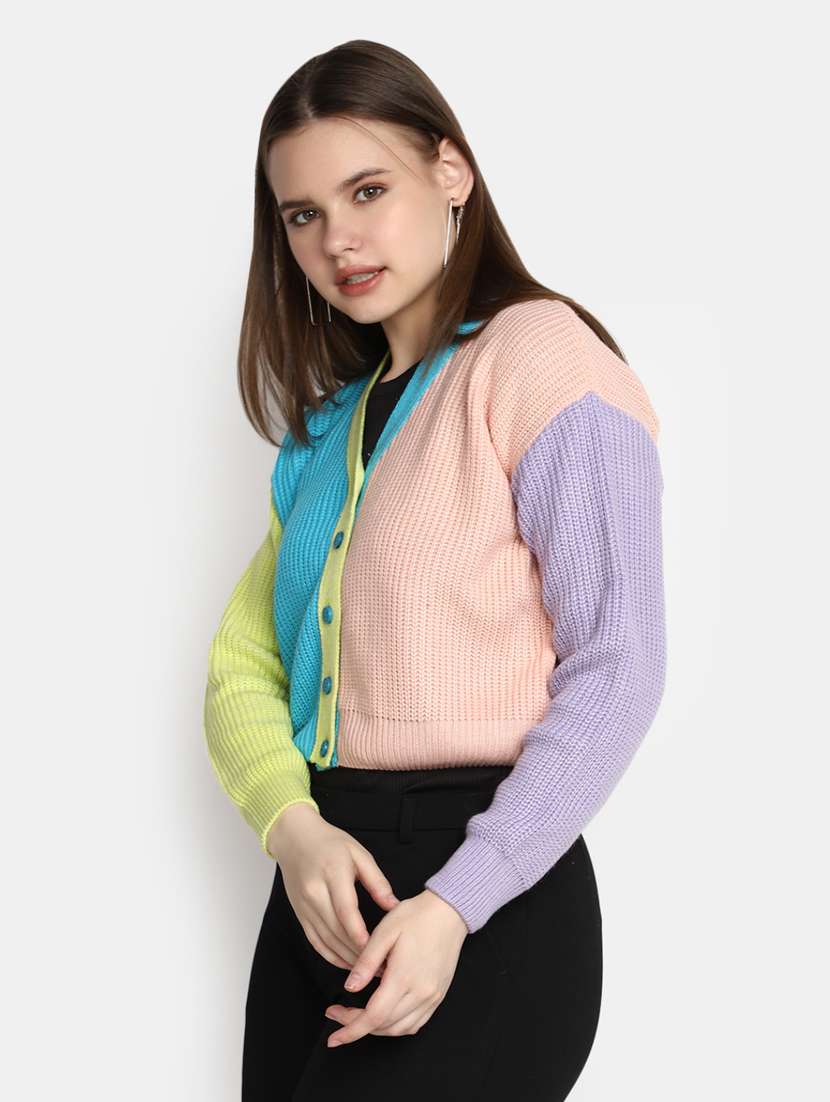 women's color blocked acrylic cardigan - 20422616 -  Standard Image - 1