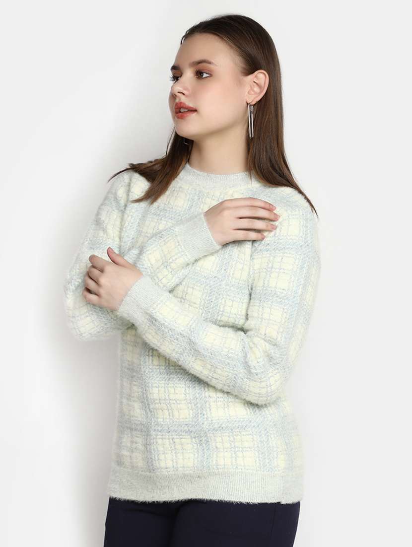 women's white checkered pullover