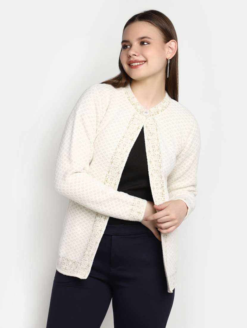 women's cream cotton jacquard cardigan