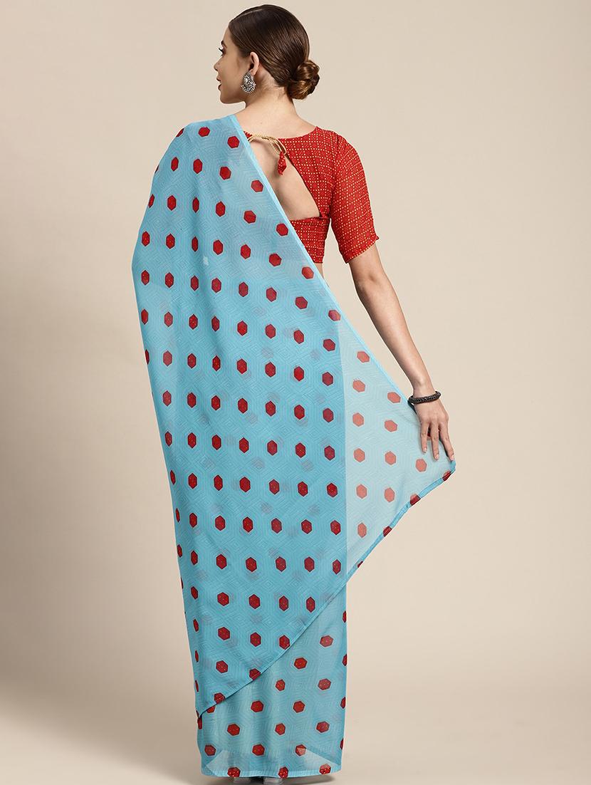 women's geometric light blue colored saree with blouse - 20424657 - Standard Image - 1