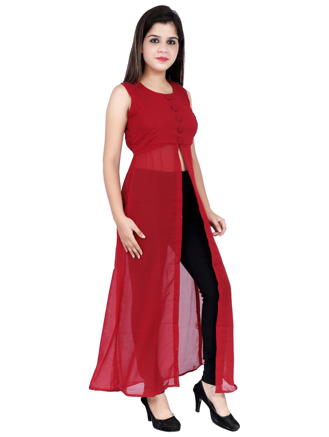 red solid sleeveless front slit kurta - 20424964 - Standard Image - 1