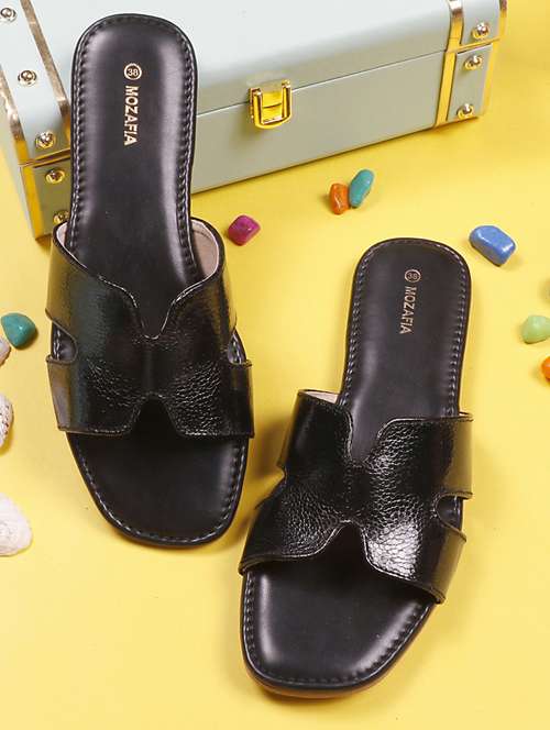 women solid black slip on casual sandal - 20425008 - Standard Image - 0