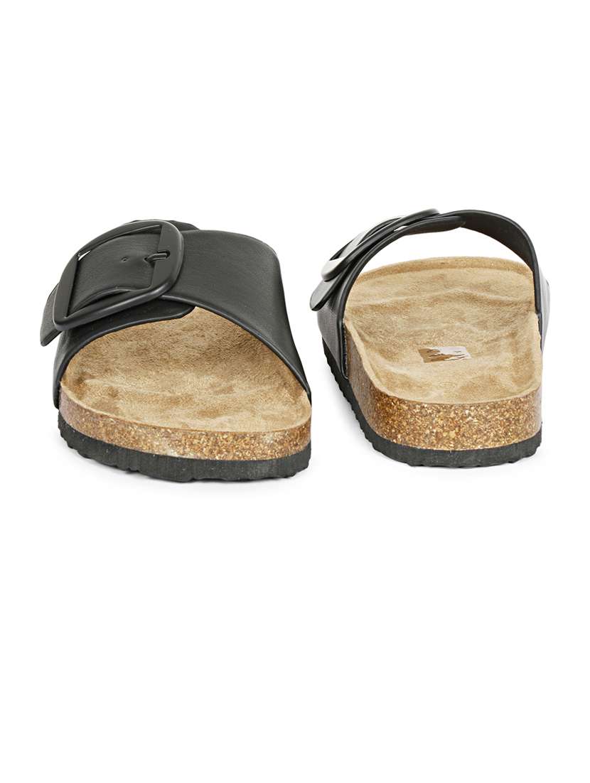 women solid black slip on flat sandal - 20425023 - Standard Image - 1