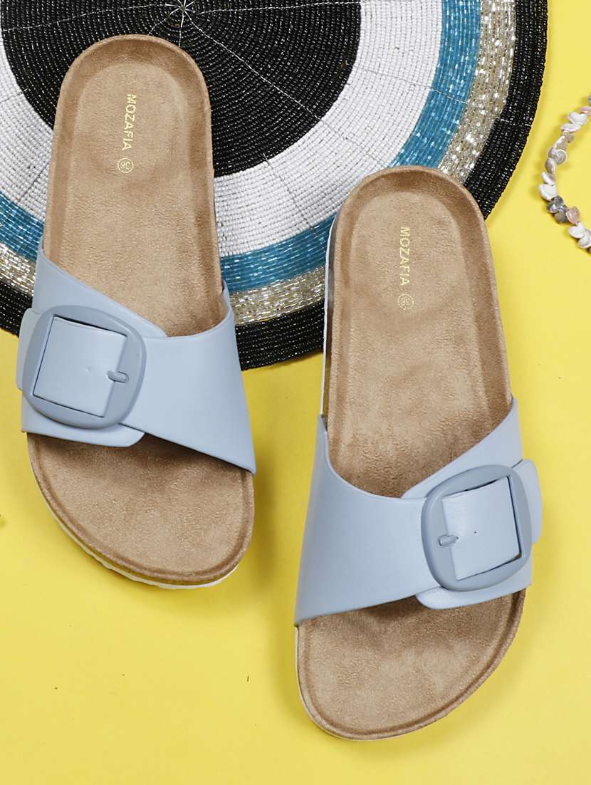 women solid light blue slip on flat sandal