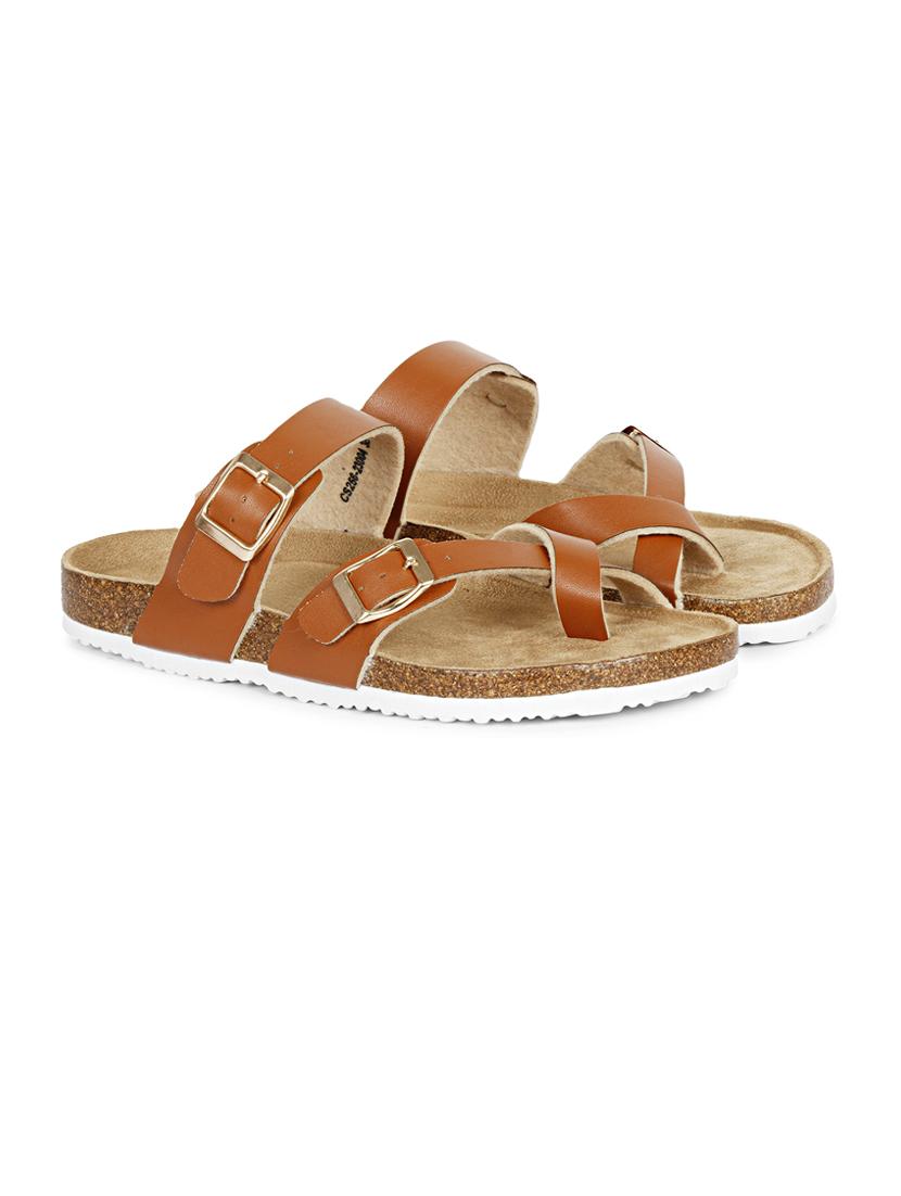 women solid tan slip on flat sandal - 20425031 - Standard Image - 1