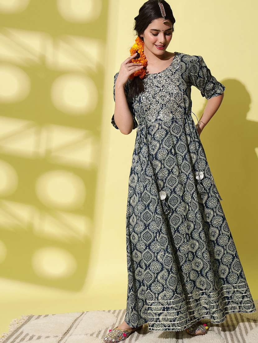blue cotton aline kurta - 20425057 - Zoom Image - 0