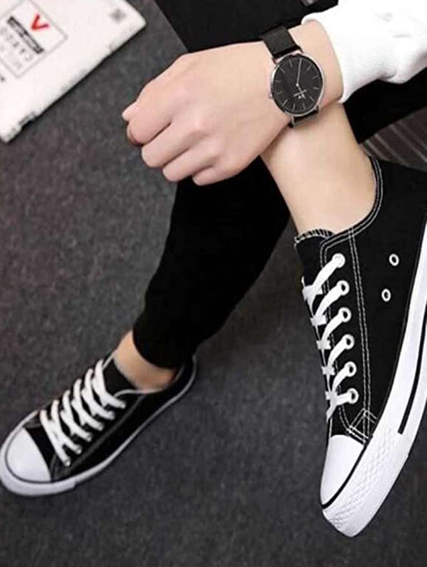 men solid black lace up sneaker - 20425113 -  Standard Image - 1