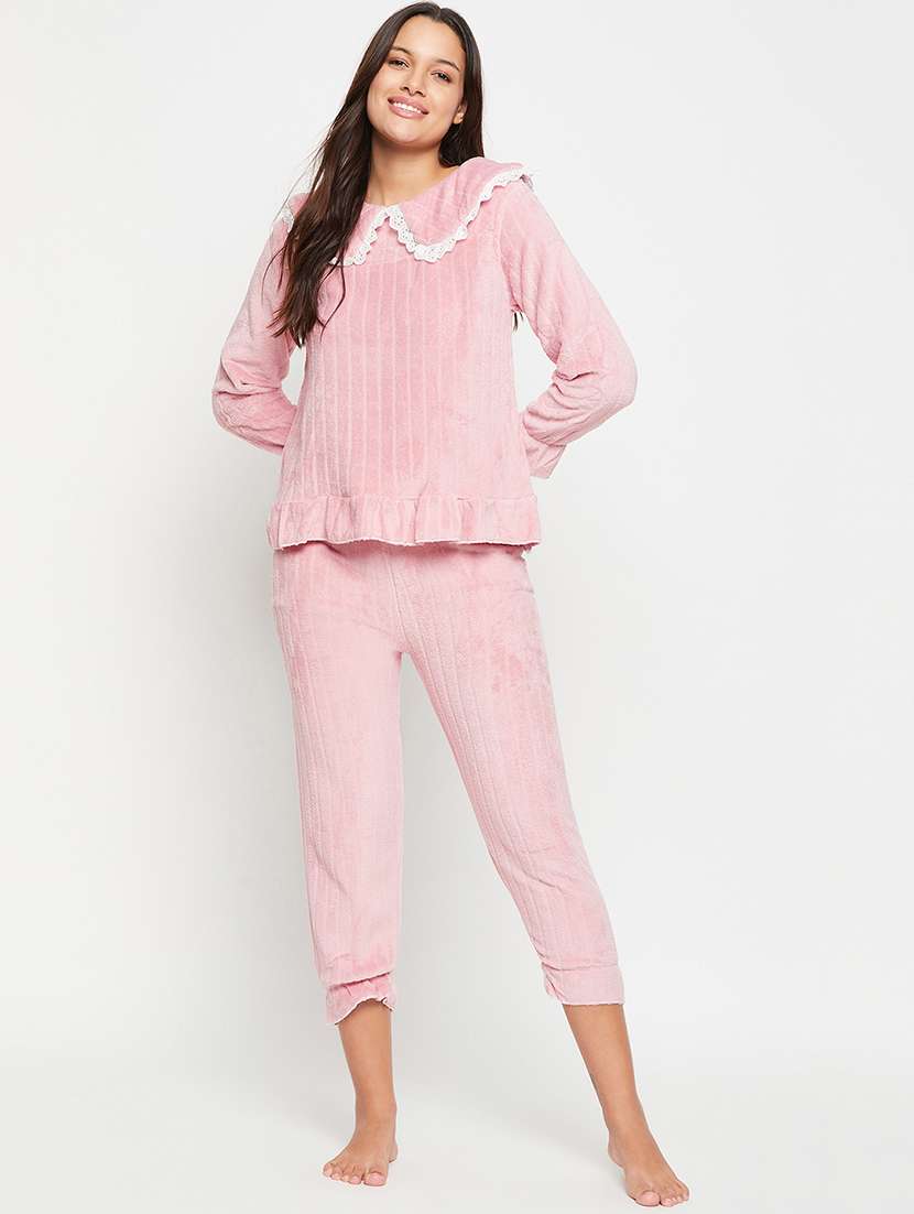 pink lace work capri nightwear set