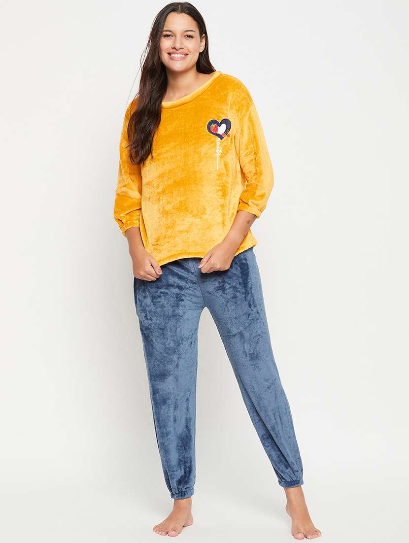 yellow and blue self design pyjama nightwear set