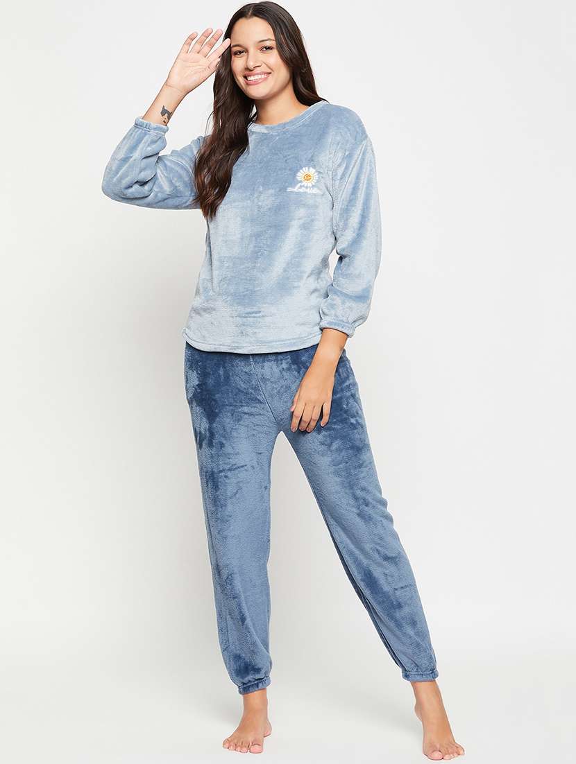 blue self design pyjama nightwear set