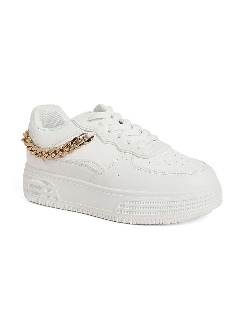 women solid white chain embellished lace-up sneaker - 20425618 -  Standard Image - 1
