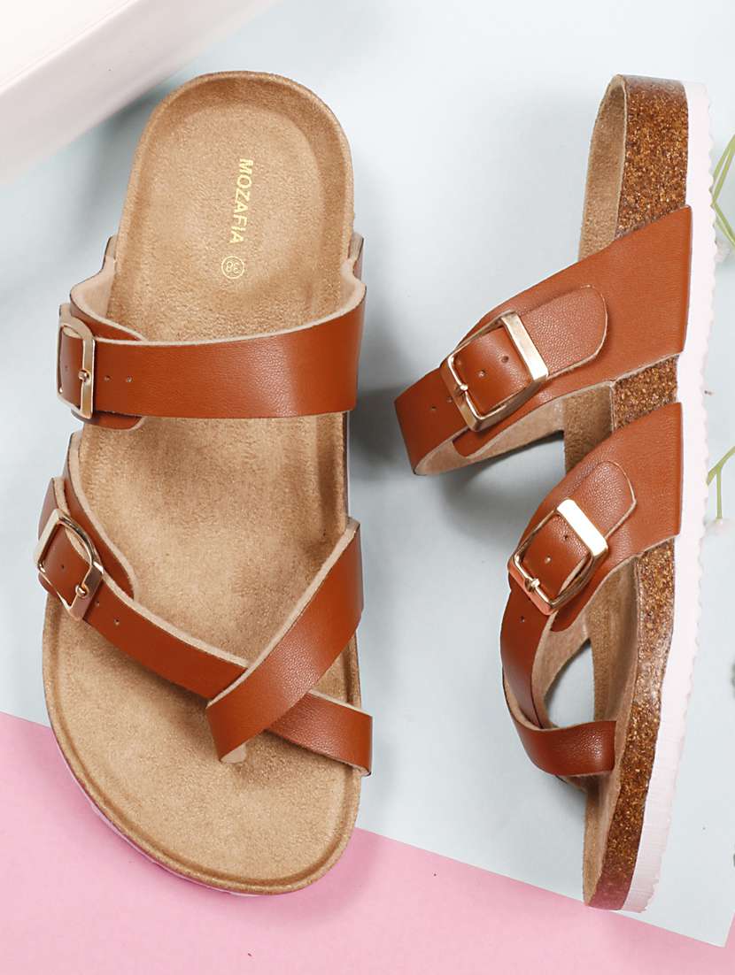 women solid tan slip on flat sandal