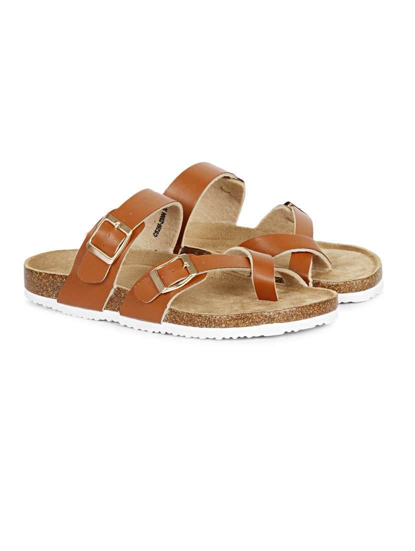 women solid tan slip on flat sandal - 20425980 - Standard Image - 1