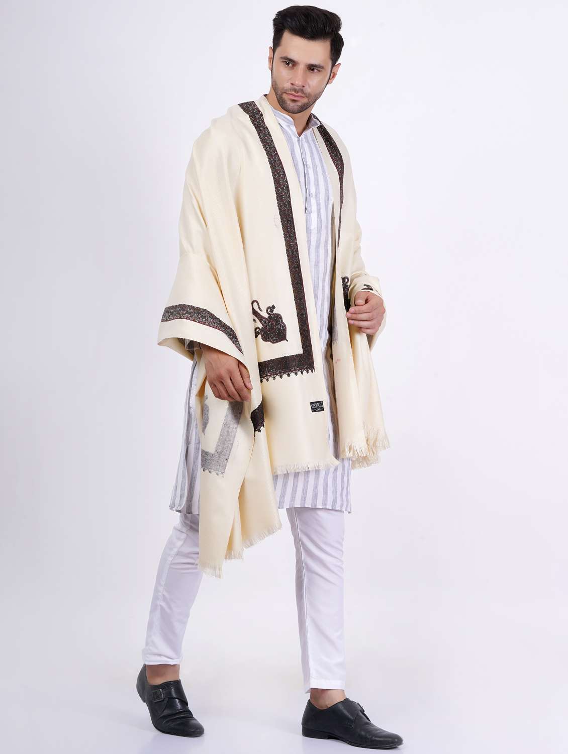 men self designed beige wool jamavar shawl - 20426887 -  Standard Image - 1
