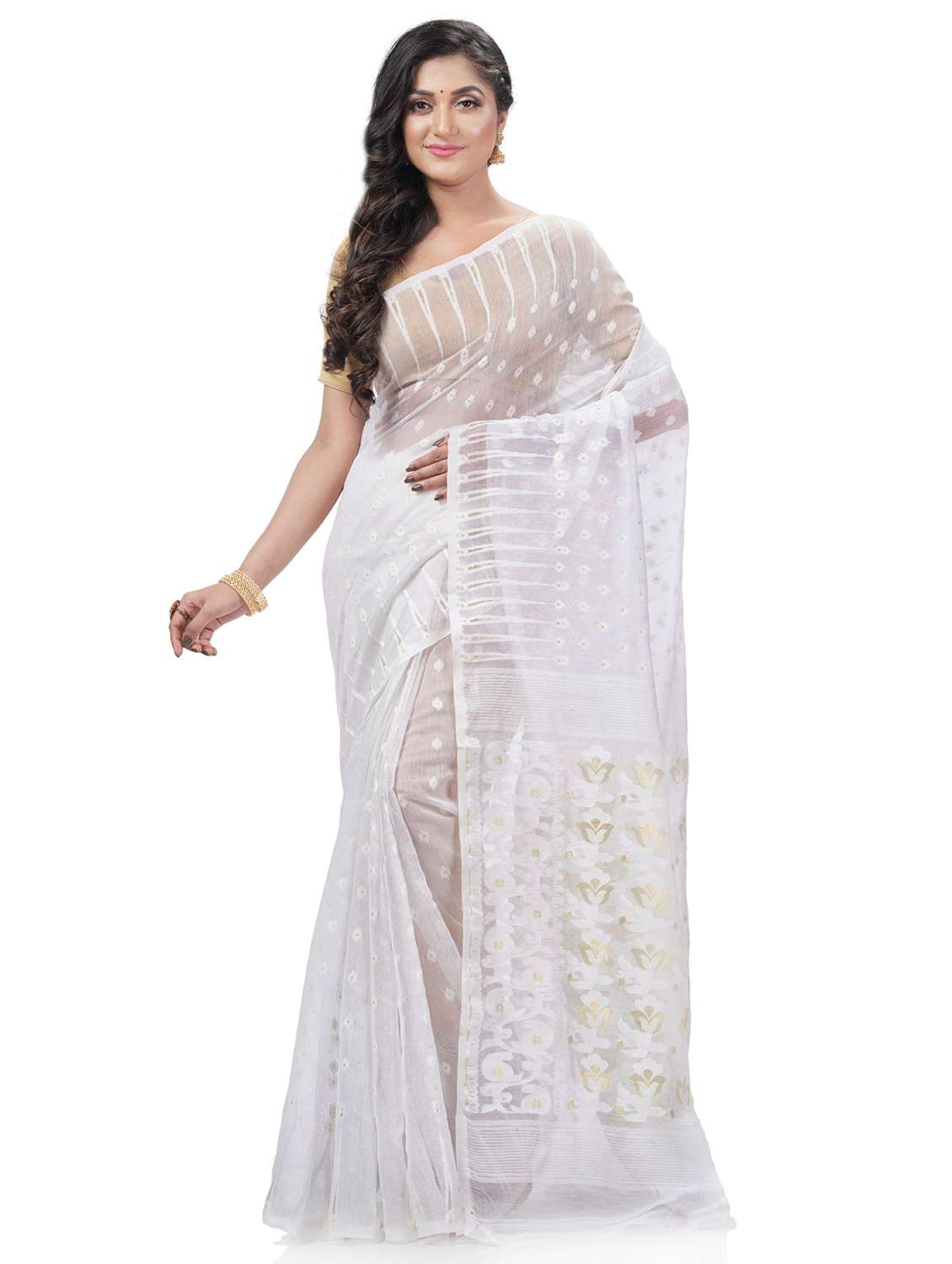 women's self design white colored saree with blouse