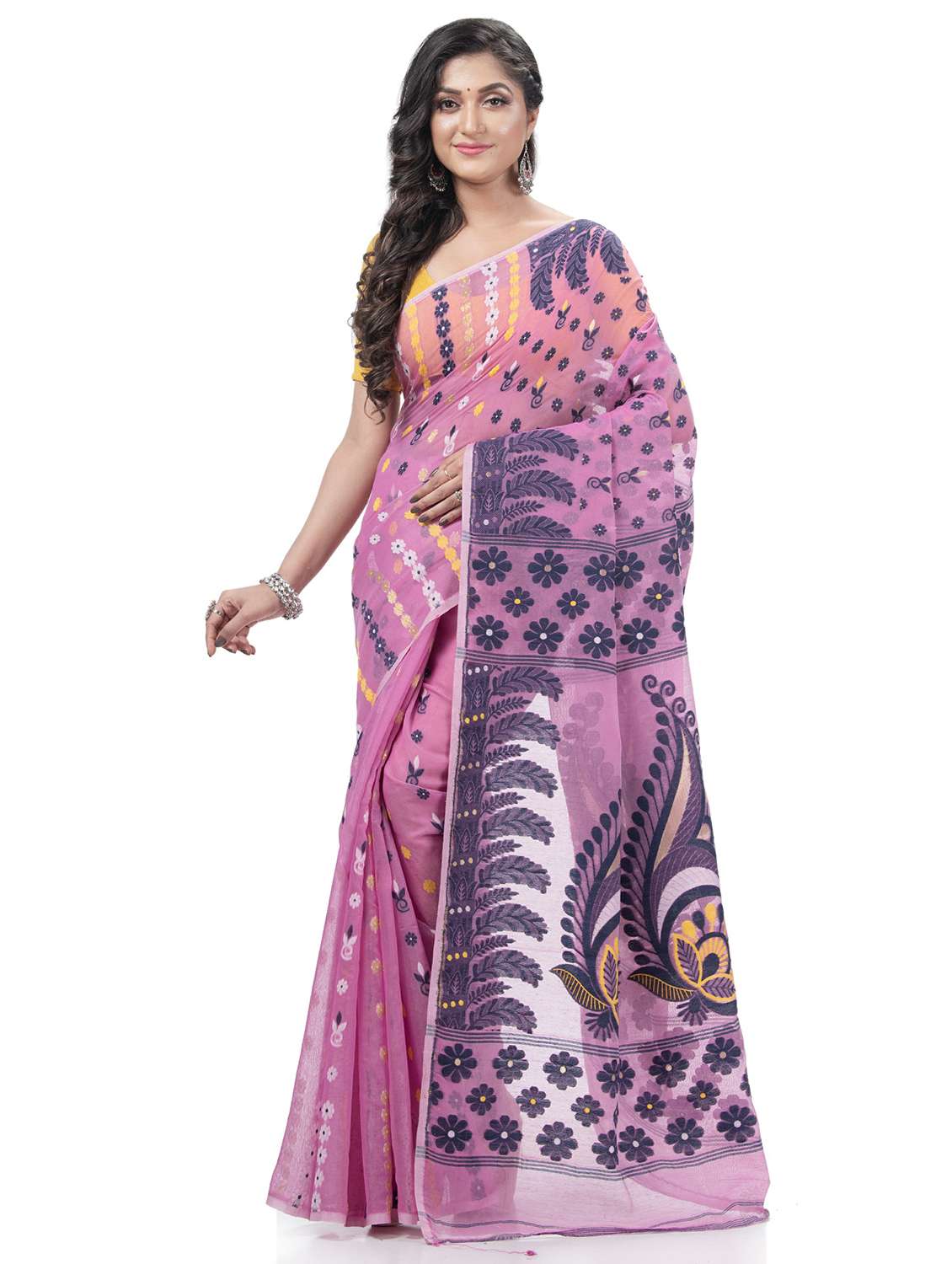 women's self design pink colored saree with blouse