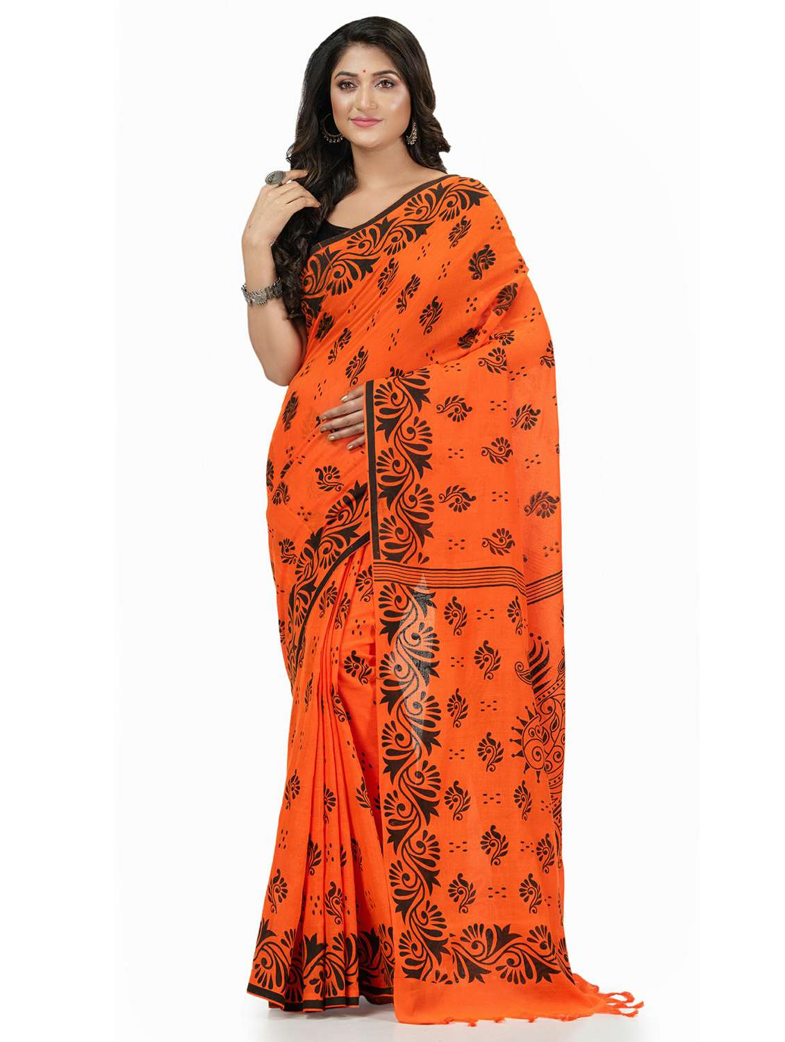 women's printed orange colored saree with blouse