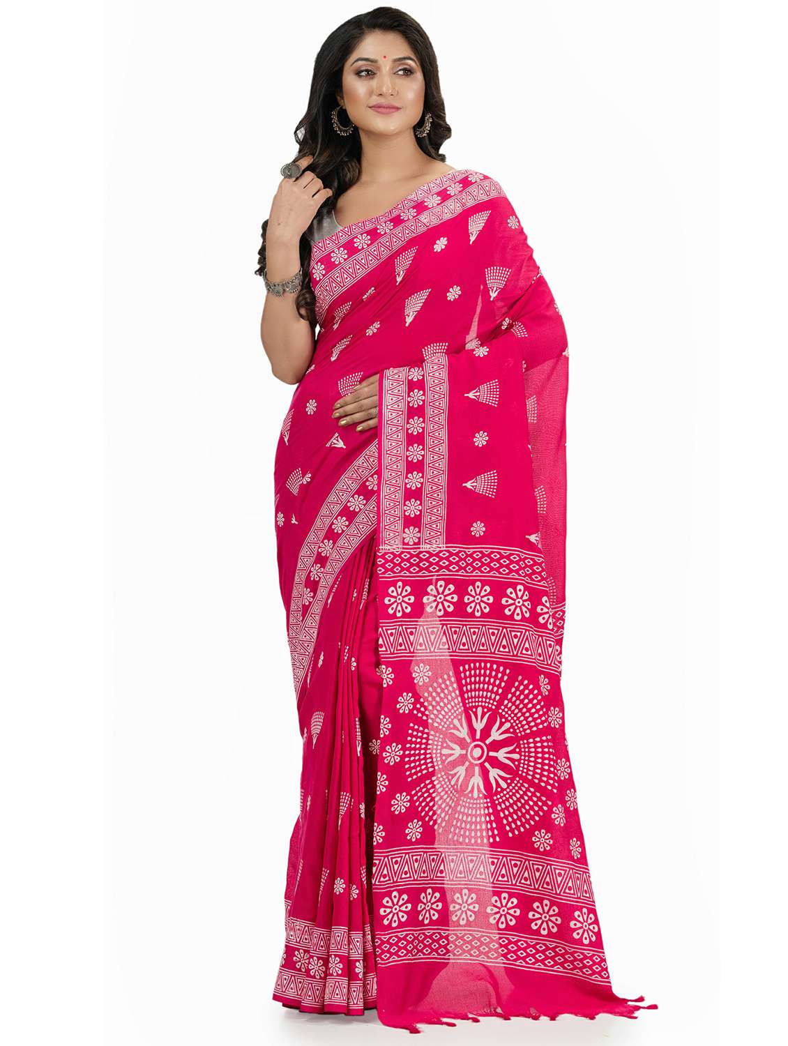 women's printed pink colored saree with blouse