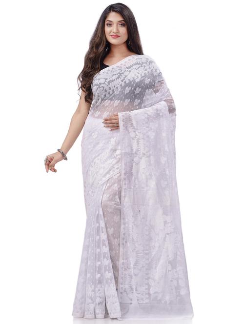 women's solid with work white colored saree with blouse - 20427190 - Standard Image - 0