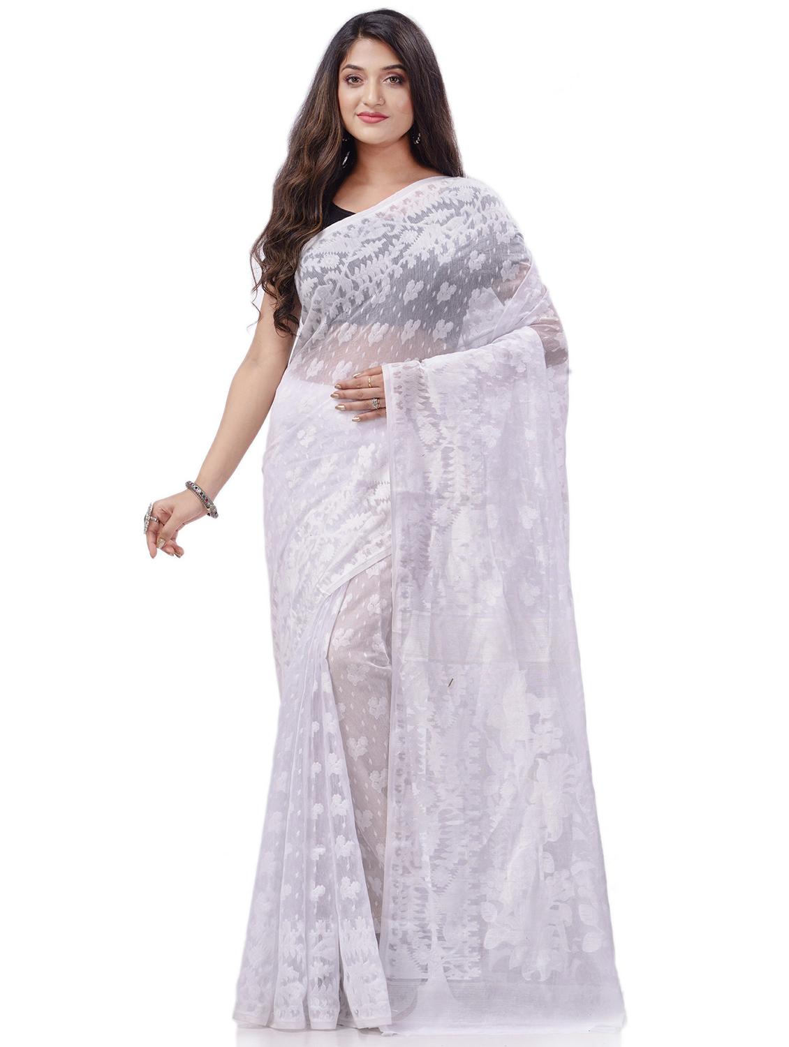 women's solid with work white colored saree with blouse - 20427190 - Zoom Image - 0