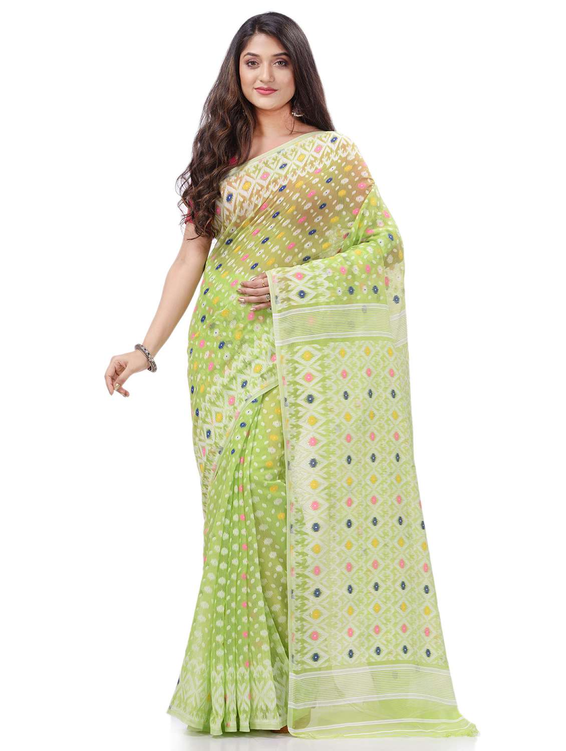 women's self design light green colored saree with blouse