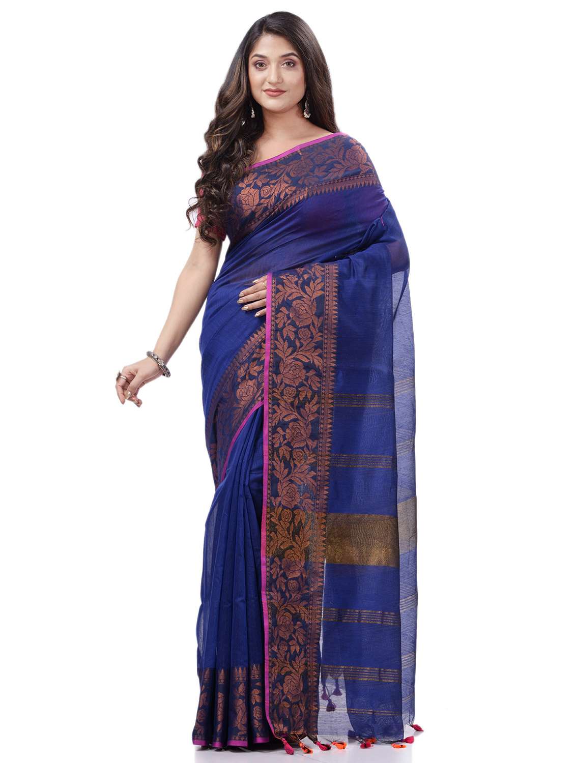 women's bordered navy blue colored saree with blouse