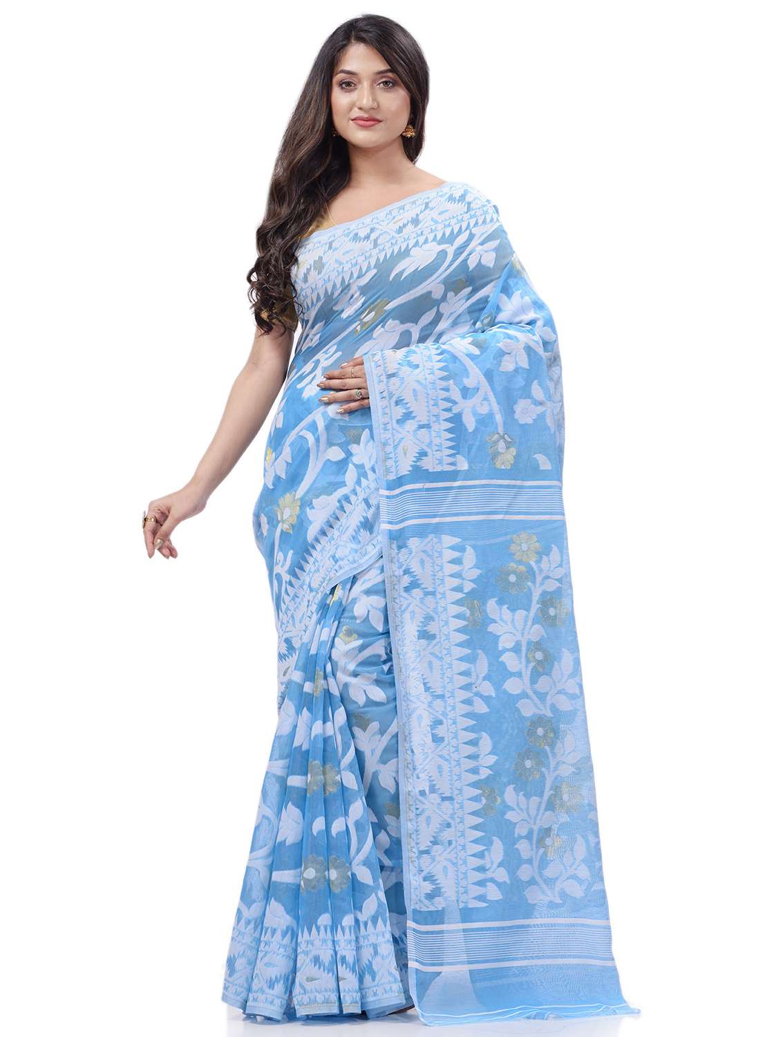 women's self design light blue colored saree with blouse